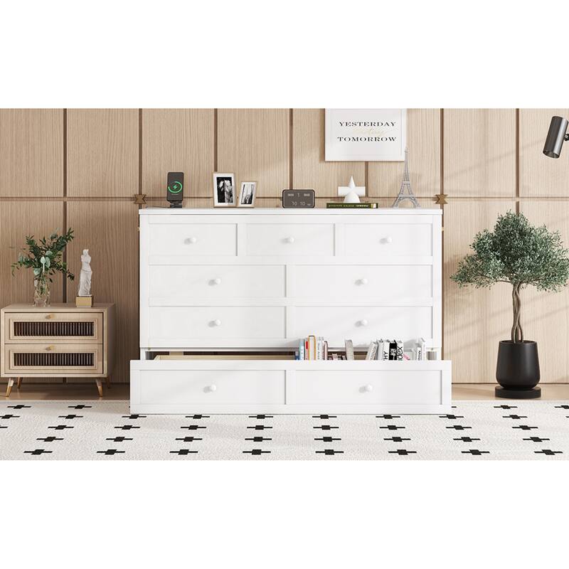 Roomfitters Queen Murphy Bed Cabinet with Storage Compartment, Charging Station with USB, Solid Pine Wall Bed