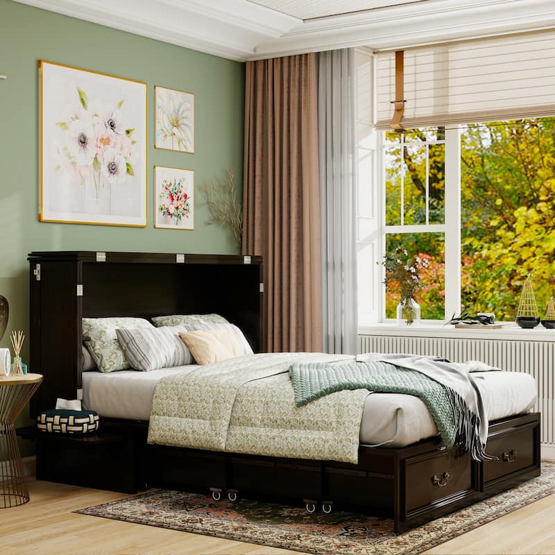 Solid Wood Murphy Bed Full Size with Storage | Space Saving Walnut Cabinet Bed with Easy Pull-Out Mechanism for Bedroom