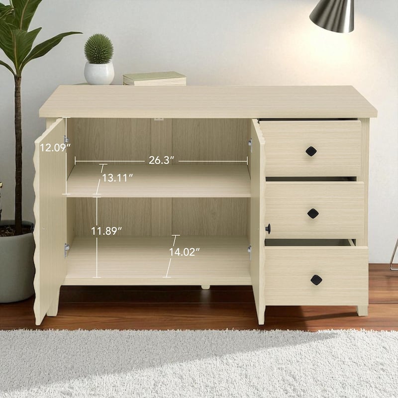 Modern 2-Door Sideboard Cabinet with 3 Drawers, Adjustable Shelf, Embossed Doors and Diamond Handles for Kitchen or Entryway