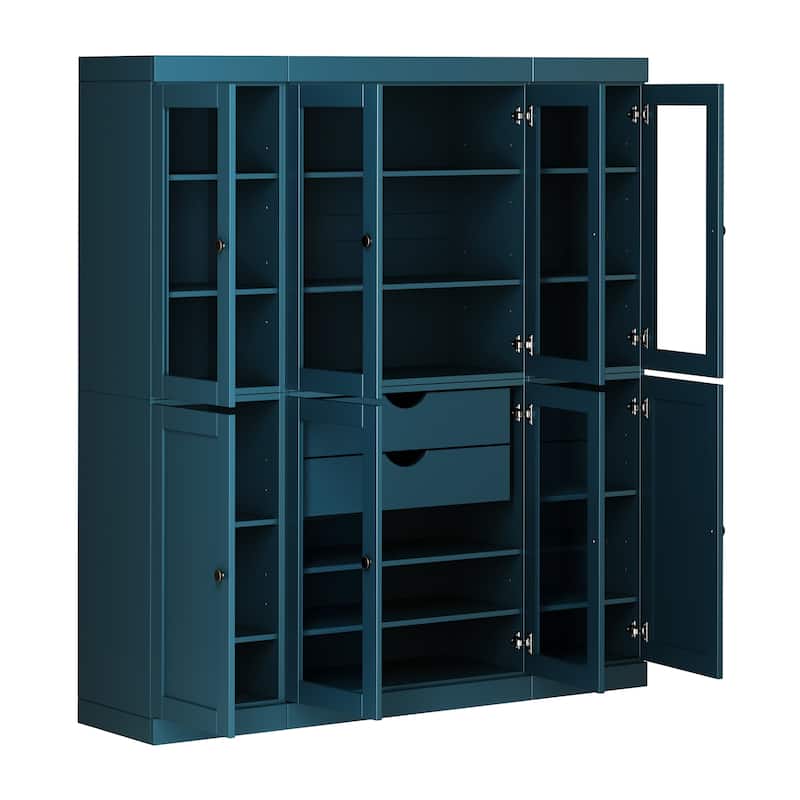 Palace Imports 100% Solid Wood 65" Pantry Cabinet with Clear Glass, Shaker Doors, 2-Drawers and Adjustable Shelves - Teal Blue