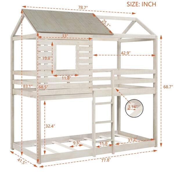 dimension image slide 0 of 2, Playhouse Inspired Twin-Over-Twin Bunk Bed with Roof