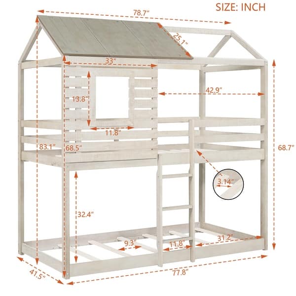 Twin Over Twin Bunk Bed Wood Loft Bed with Roof, Window, Guardrail