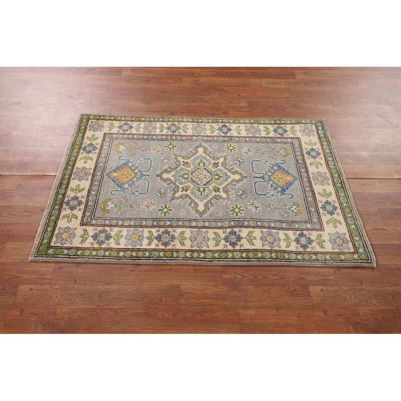 Gray Geometric Kazak Oriental Accent Rug Handmade Foyer Wool Carpet - 2'8" x 4'1"