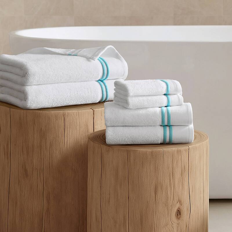Madison Park Roan Border 6 Piece Towel Set - 27x54" - White/Aqua