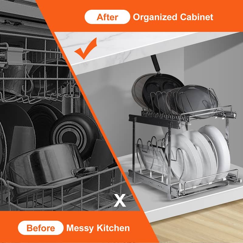 Chrome Plated Steel 2-Tier Expandable Pull Out Under Cabinet Organizer with Adjustable Wire Divider