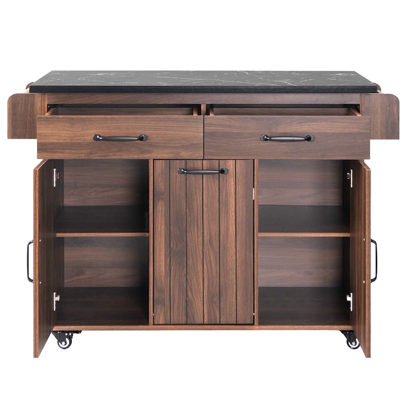 Rolling Kitchen Island with Trash Can Storage Cabinet, Kitchen Cart with Drop Leaf, Spice Rack, Towel Rack and Drawer
