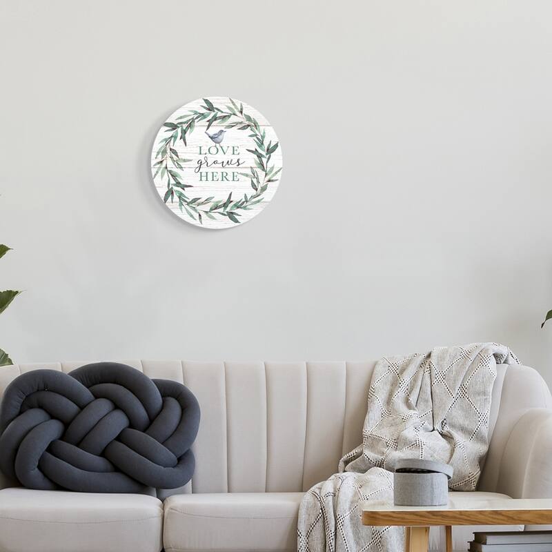Stupell Love Grows Here Sentiment Green Fern Wreath Blue Warbler, 12 x 12, Design By Elizabeth Tyndall - Off-White