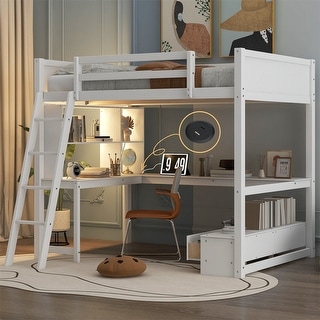 Full Size Loft Bed with L-Shaped Desk and LED Light, Solid Wood Loft Bedframe w/ 2 Drawers, Storage Bench & USB Charging Station