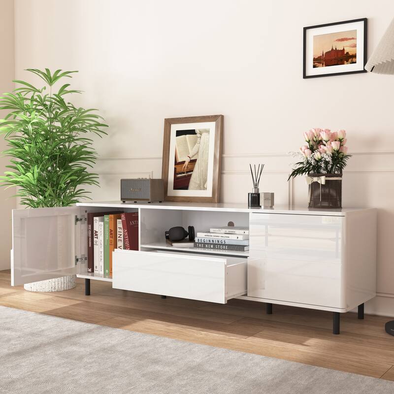 High Gloss Panel Modern TV Console, TV Stand, Entertainment Center with Storage Shelves
