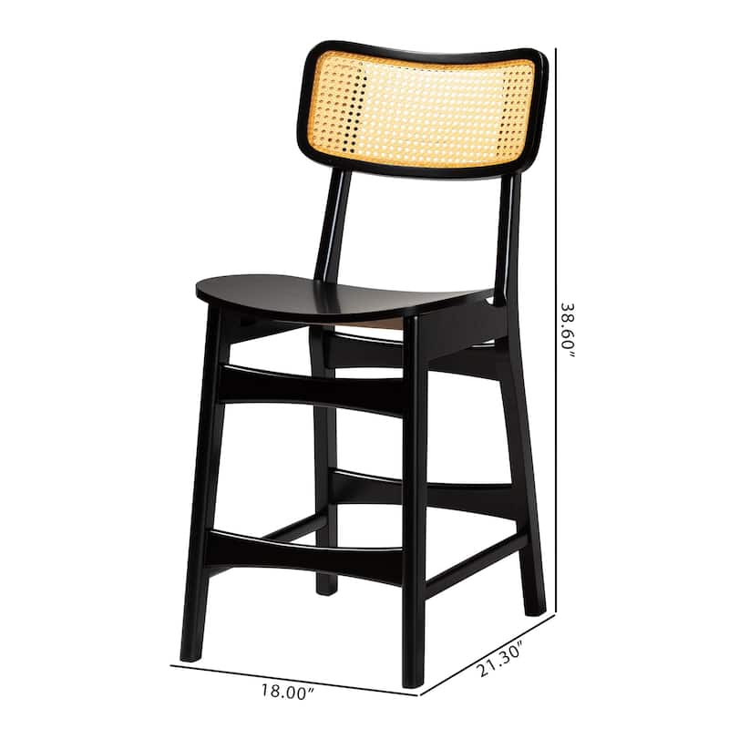 Tafari Mid-Century Modern Wood and Rattan 2-Piece Counter Stool Set