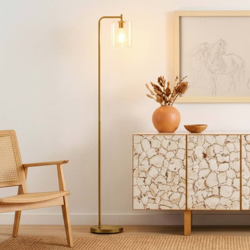 Brightech Elizabeth 66 in. Antique Brass Industrial LED Super Bright Floor Lamp with Glass Cylinder Shade