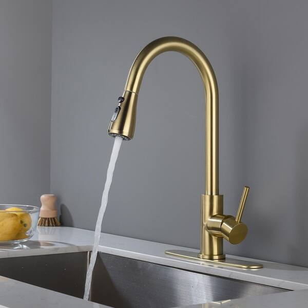 slide 1 of 9, Stainless Steel Kitchen Faucet with Pull Out Sprayer Gold Color Brushed Gold