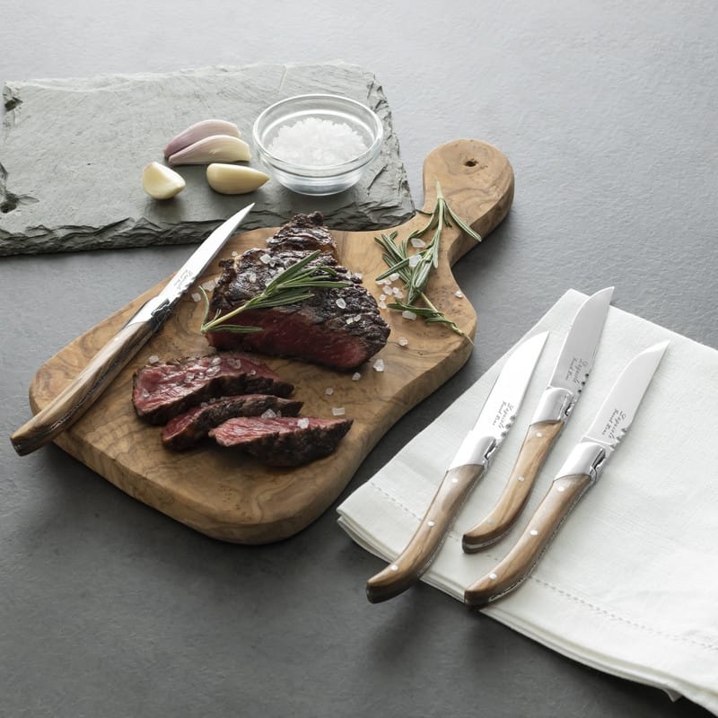 French Home Laguiole Set of 4 Connoisseur Steak Knives with Olive Wood Handles - Silver