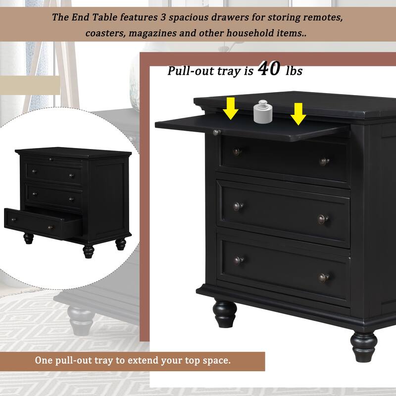 U_STYLE 28'' Painted Nightstand: 3 Drawers + Pull-Out Tray - Minimalist Design - Black