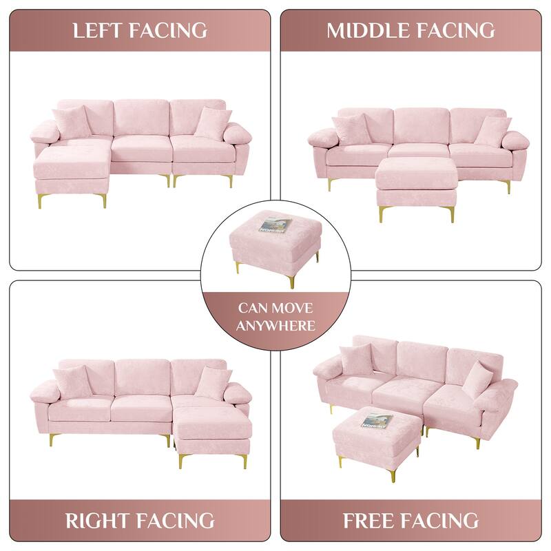 Ouyessir 2-Pieces Upholstered Velvet Sectional Sofa with 2 Pillows & Ottoman
