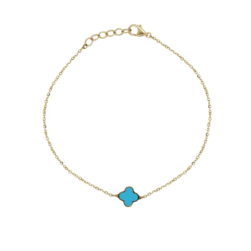 Italian Gold 14K Yellow Gold Single Clover Bracelet - Made in Italy 10mm Clover Size 1.60 grams - Turquoise