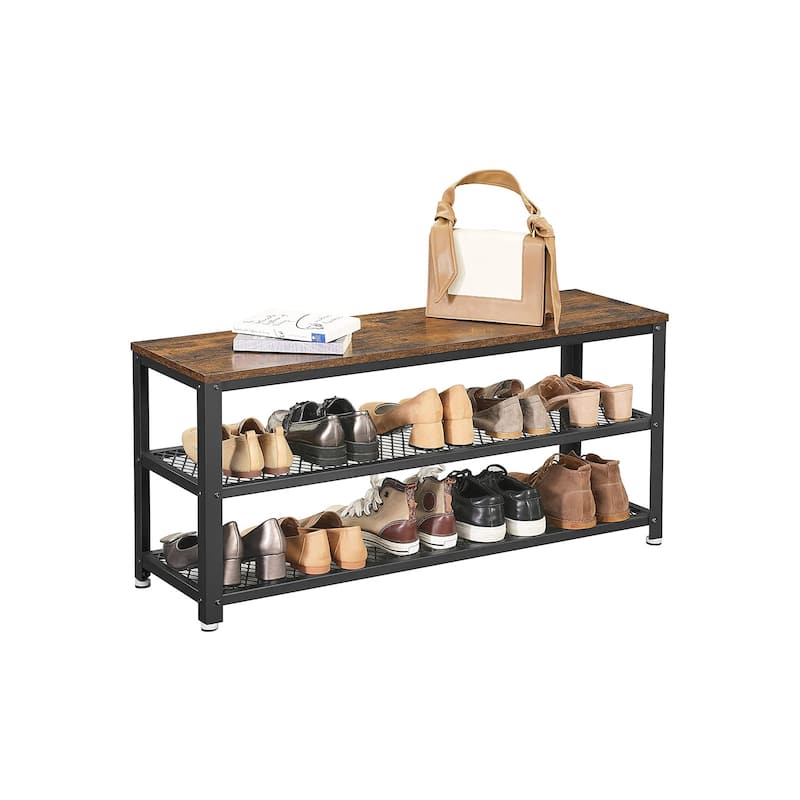 Rustic Brown Shoe Storage Bench with Steel Frame 2 Tier Mesh Shelves and Seat for Entryway Hall - 11.8"D x 39.4"W x 17.7"H