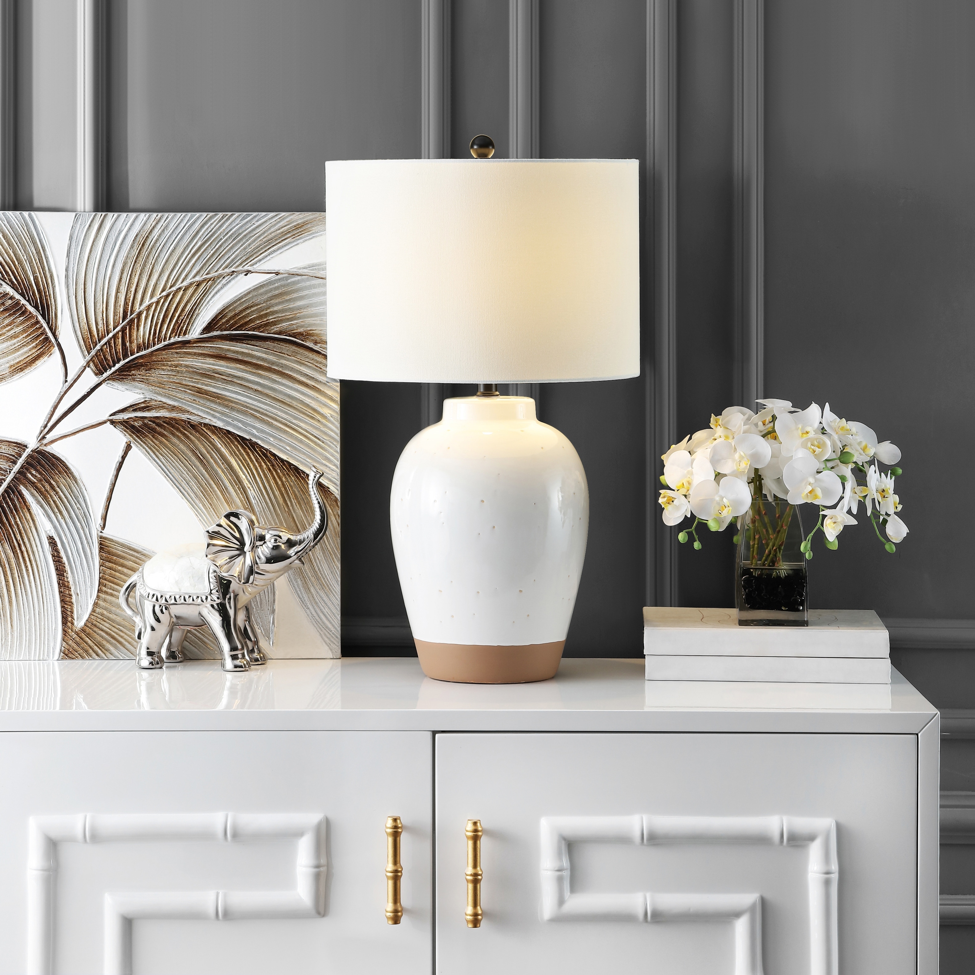 SAFAVIEH Lighting Corinda 27-inch Speckled Ivory LED Table Lamp - 16" W x 16" L x 27.5" H - 16Wx16Dx28H