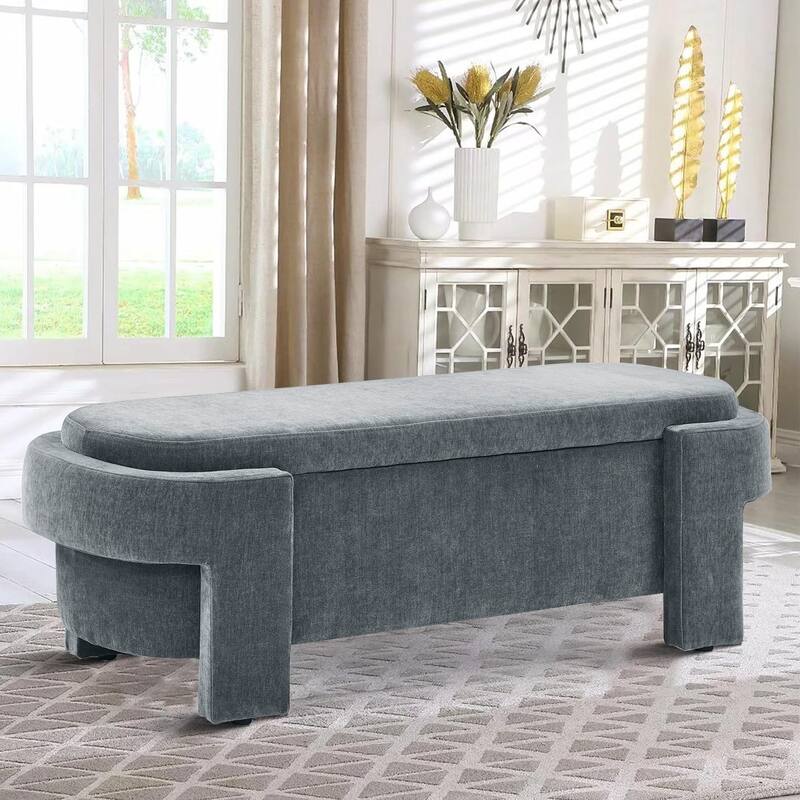 French Minimalist Fabric Upholstered Storage Bench with Four Upholstered Legs