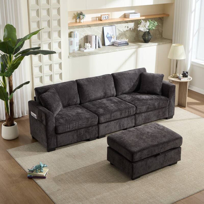 97" L-Shaped Chenille Sectional Sofa with Movable Storage Ottoman