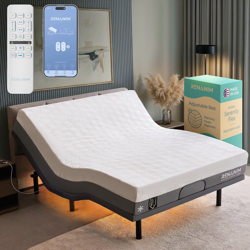 Renanim Zero Gravity Adjustable Bed Frame with 12" Memory Foam Mattress, Dual Massage, USB, Under Bed Light, Remote, App Control - King