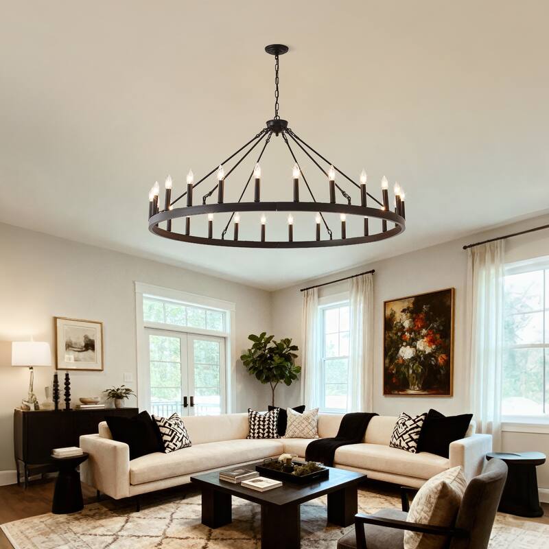 53.15 Inch Matte Black Wagon Wheel Chandelier with 24 light(No Bulbs)-E12
