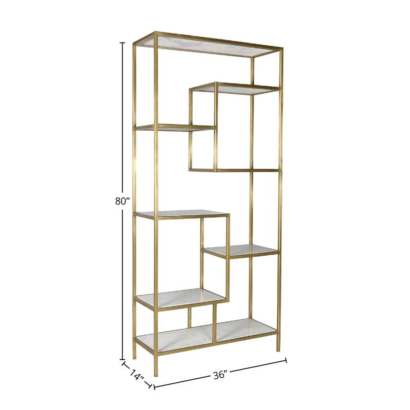 Cairo Brushed Brass and White Marble Modern 80-inch Tall Bookcase
