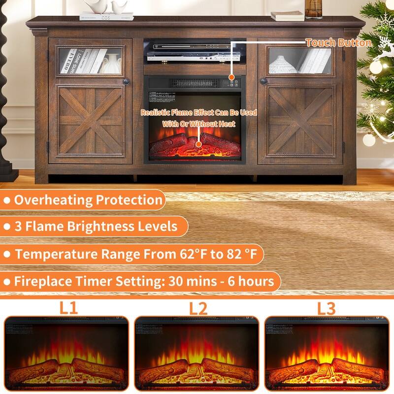 58-60" Fireplace TV Stand for 55-65" TVs w/ 18-23" Insert Farmhouse/Modern/Rustic Barn/Glass Doors Espresso/Grey/Brown/White Oak