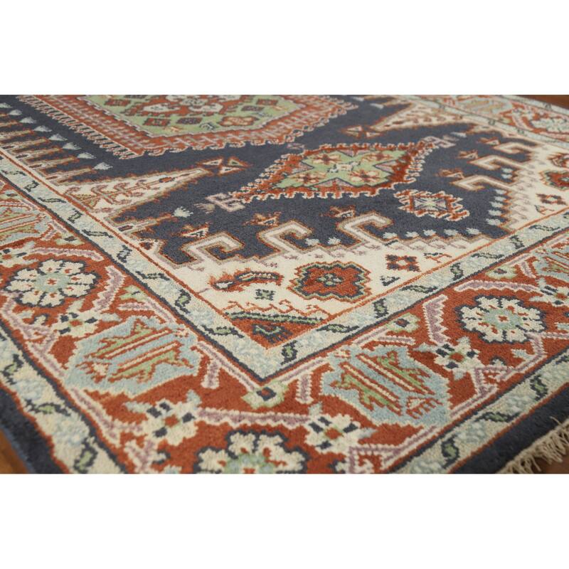 Blue Geometric Viss Indian Area Rug Hand-Knotted Wool Carpet - 6'0" x 8'9" - Blue - 6'0" x 8'9"