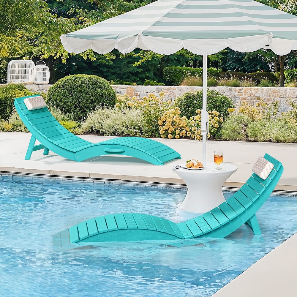 2-Piece Folding HDPS Plastic Outdoor Pool Chaise Lounges with Headrest Cushion