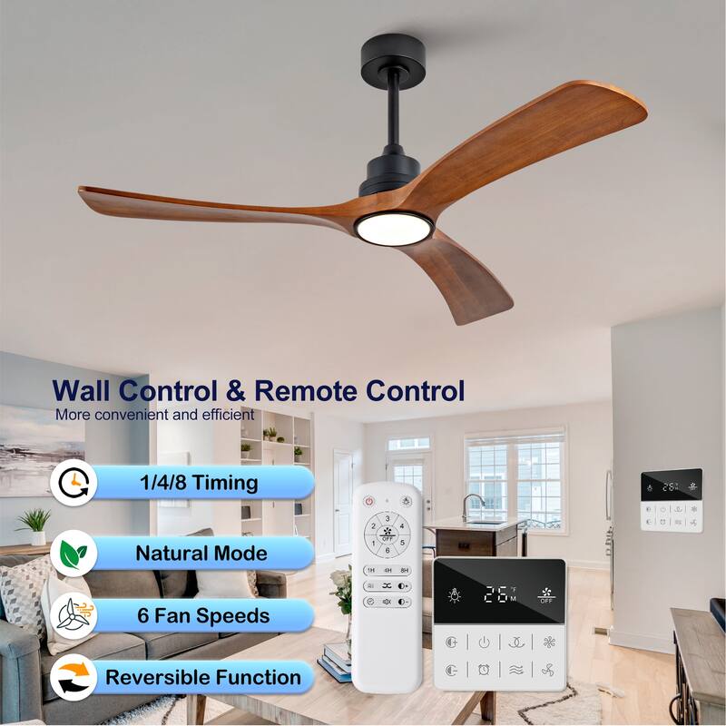 52 Inch Wood Ceiling Fan With 3 Solid Wood Blades Remote Control Reversible DC Motor For Living Room - Black
