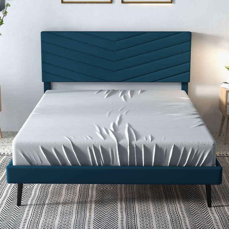 Platform Bed Frame with Adjustable Headboard, Velvet Upholstered