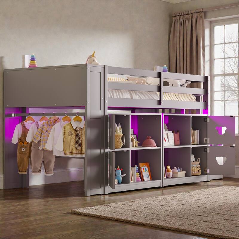 Twin Low Loft Bed with Storage Headboard, Shelves, Stair Drawers & LED Lights, Space-Saving Kids Wooden Loft Frame