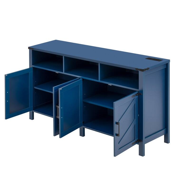 Modern 4-Door Sideboard Buffet with Power Outlets Adjustable Shelves and Half-Open Storage Design
