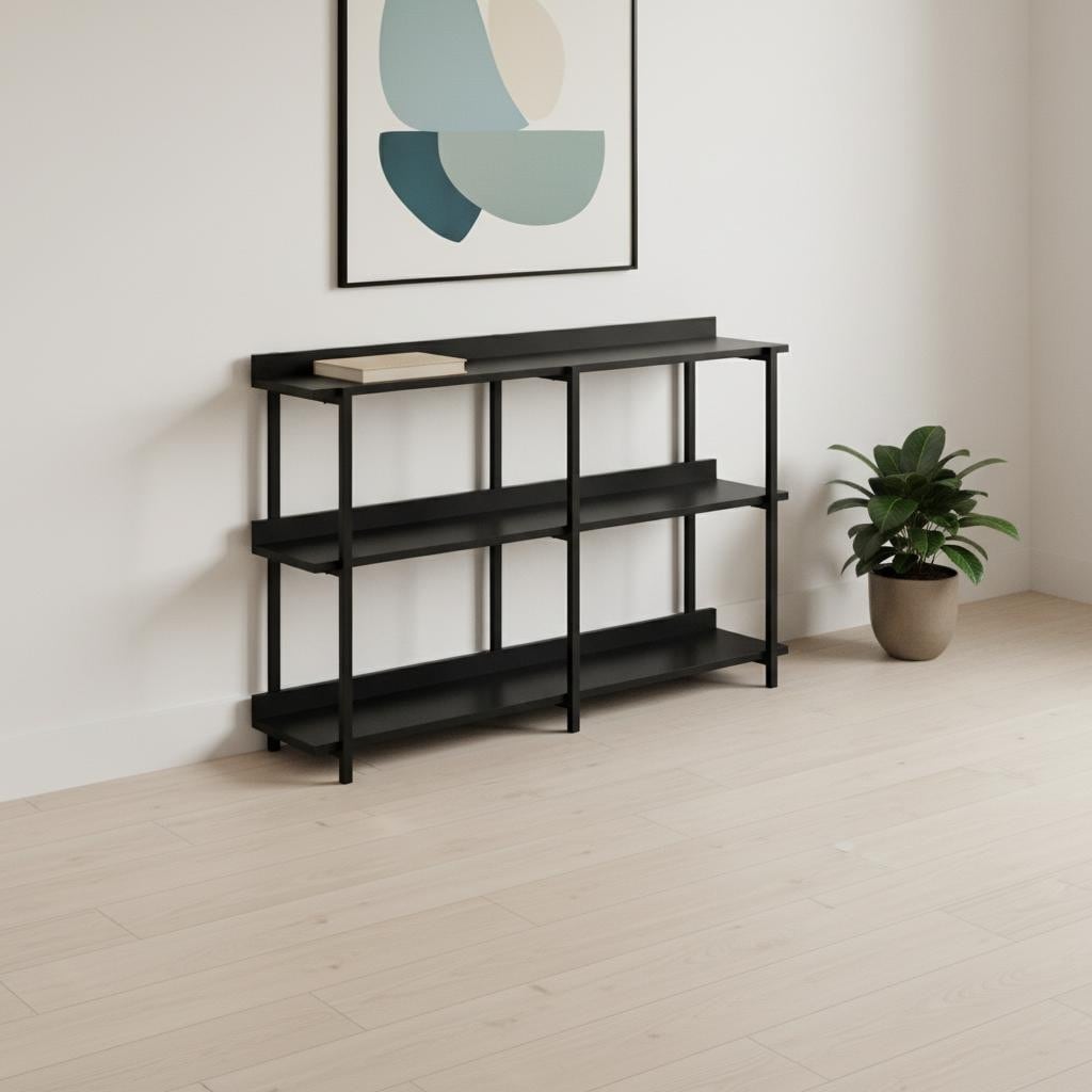 HomeRoots 47" Black Wood and Metal Frame Console Table With Three Shelves - 47.25 in. x 34.00 in. x 12.00 in.