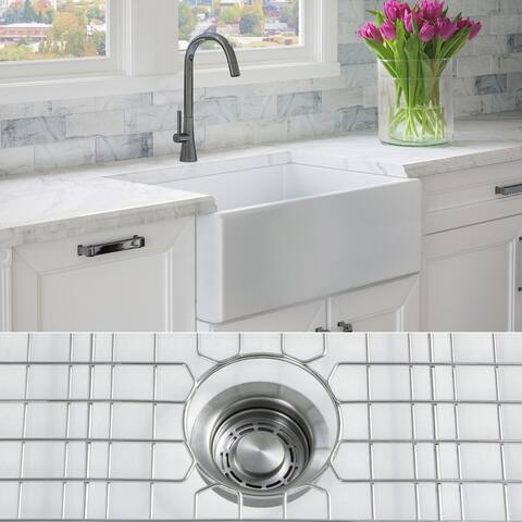 Fossil Blu 30-Inch SOLID Fireclay Farmhouse Sink in White, Stainless Steel Accessories, Flat Front - 30 x 20 x 10
