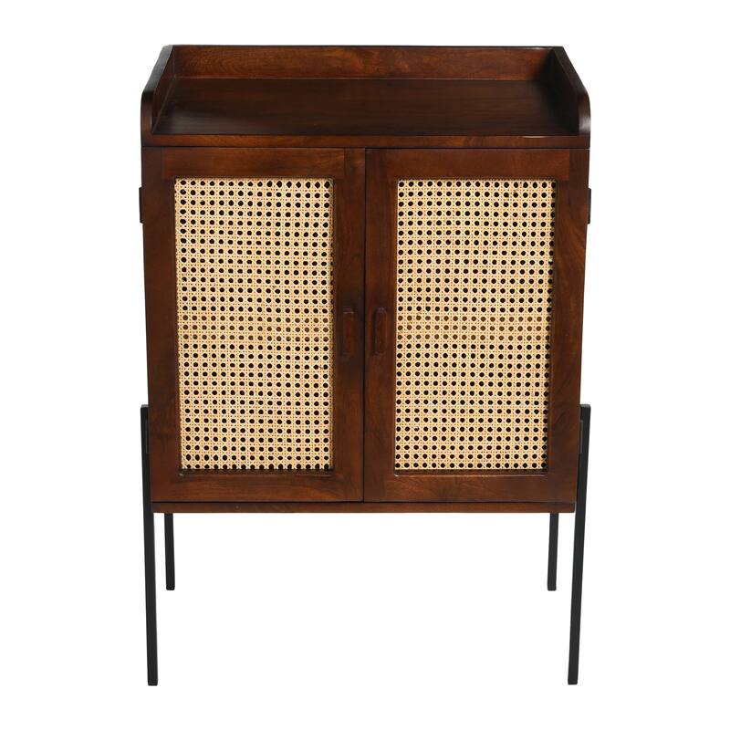 Solid Wood Bar Cabinet with Metal Legs and Woven Cane Doors