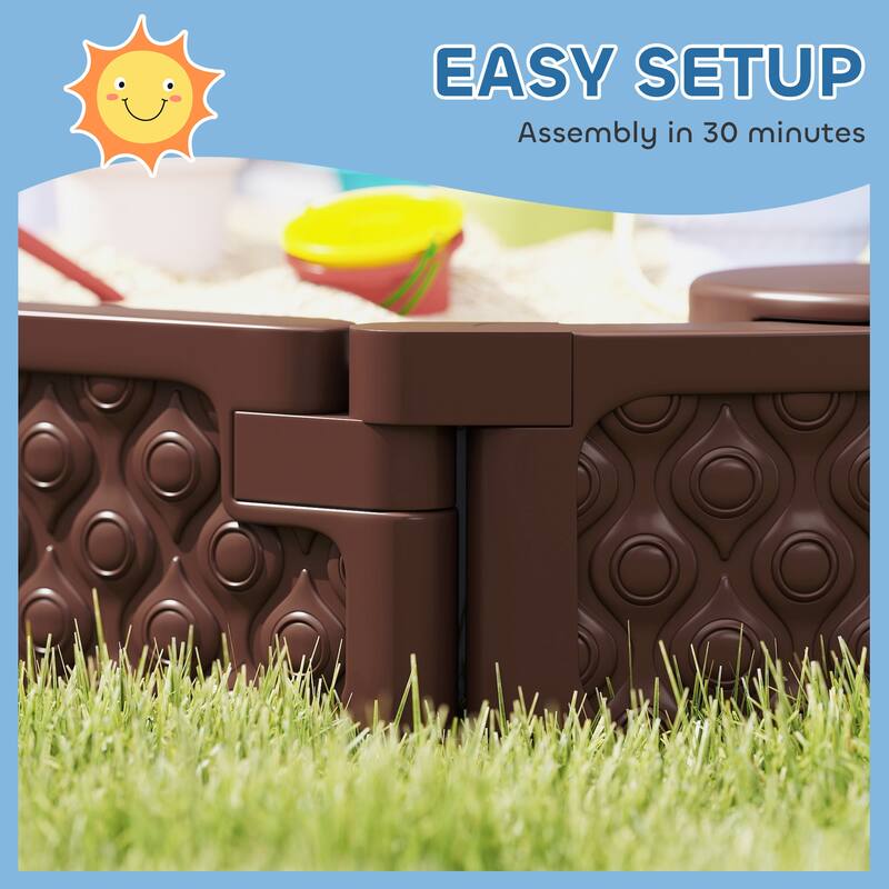 Dark Brown HDPE Outdoor Kids Sandbox with Seats and Weather Cover - 70.9" L x 42.1" W x 8.7" H