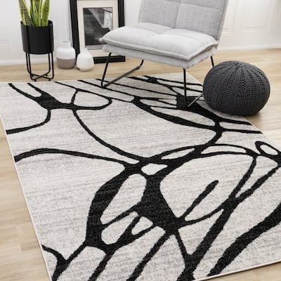 Ellis Collection - Modern Swirls Grey Black Area Rug