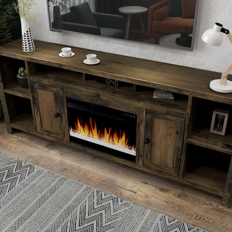 Bridgevine Home Joshua Creek 84 inch Electric Fireplace TV Stand for TVs up to 95 inches, Barnwood Finish