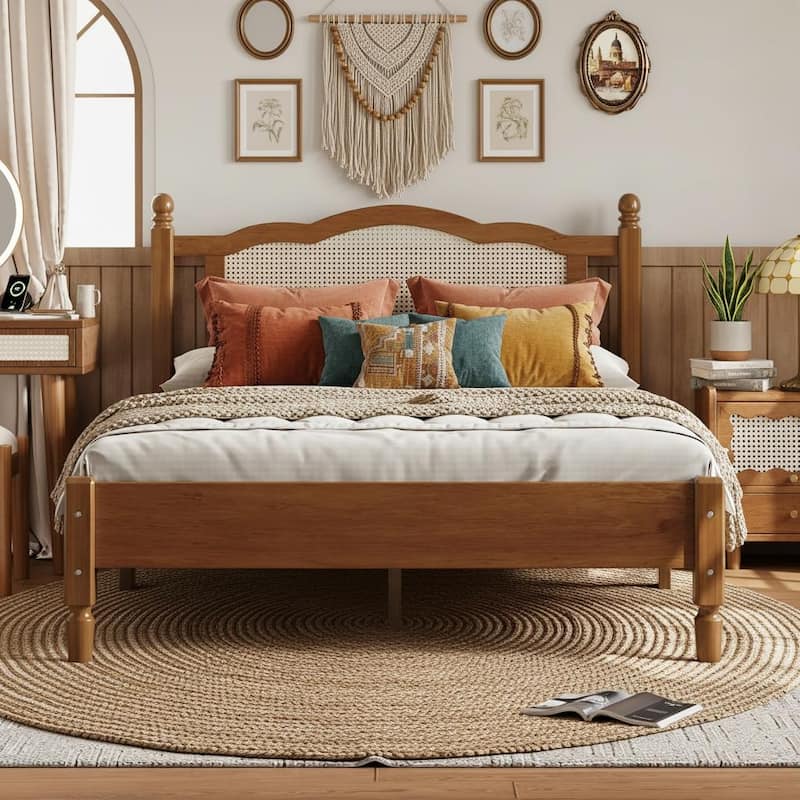 Vintage Rattan-Panel Platform Bed by Harper&Bright Designs