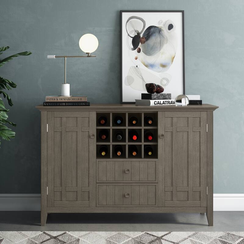 WYNDENHALL Freemont SOLID WOOD 54 inch Wide Transitional Sideboard Buffet and Wine Rack - 54 W x 17 D x 36 H - Farmhouse Grey