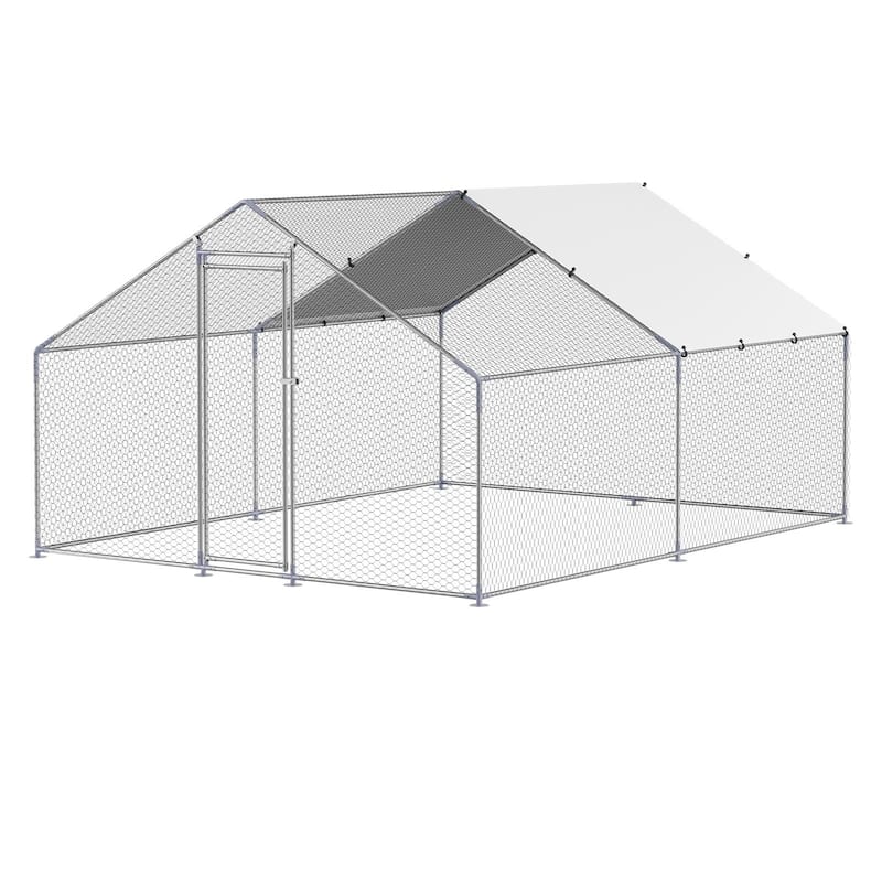 Silver Galvanized Steel Chicken Coop with Protective Net and PE Tarp Cover
