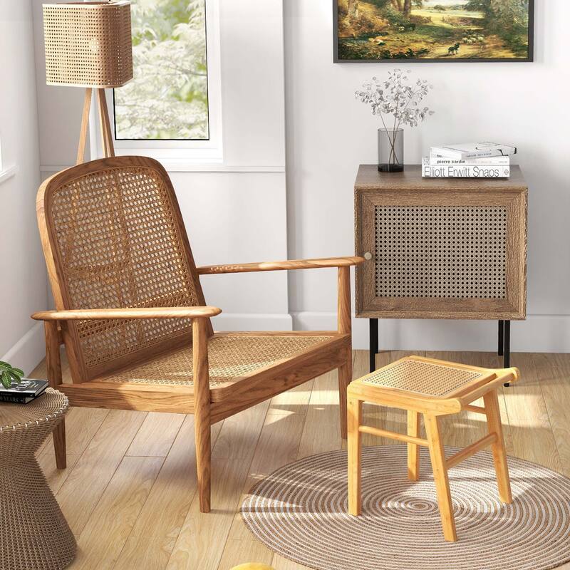 Costway Bamboo Vanity Stool Rattan Top Ottoman Footrest for Living