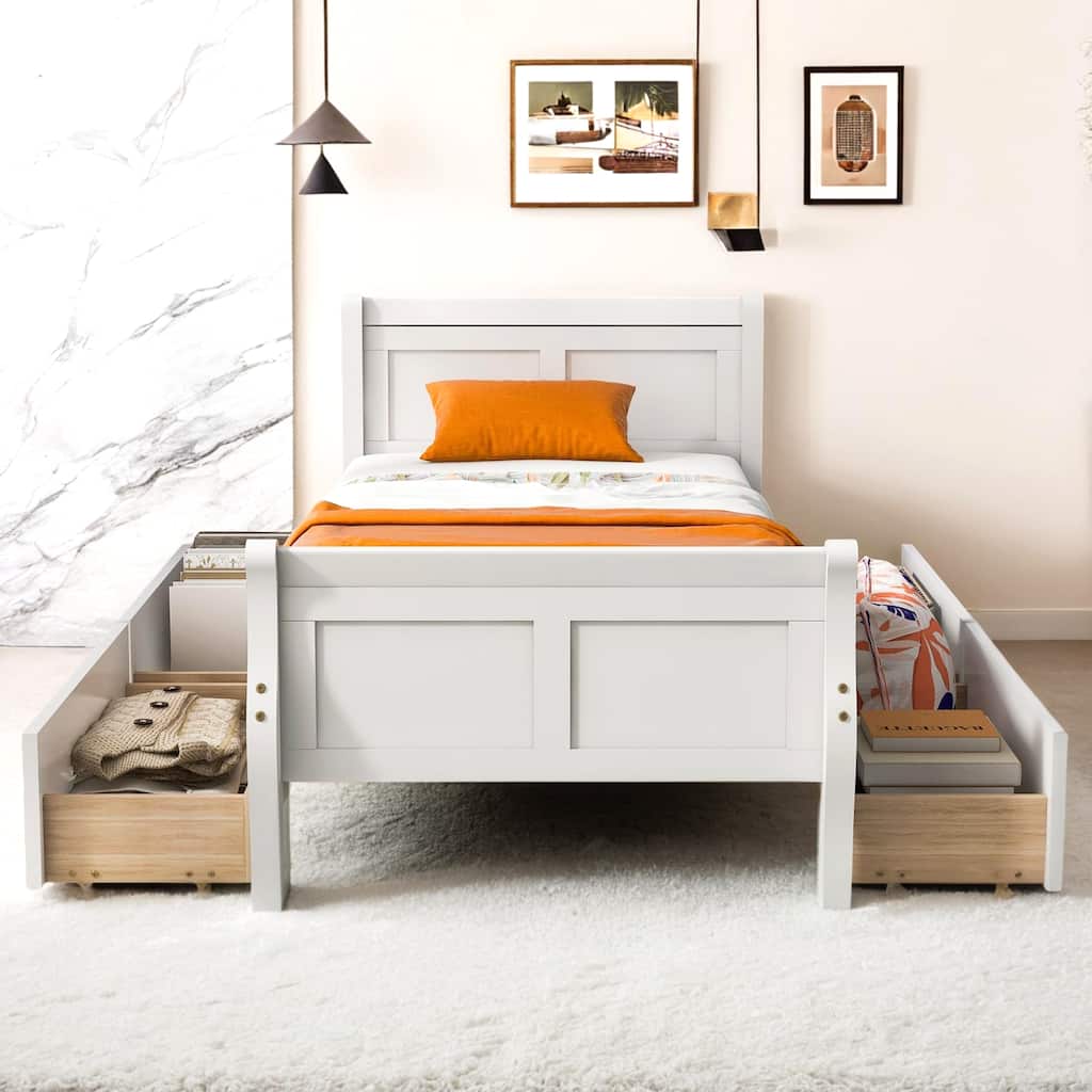 Twin Size Wood Platform Bed with 4 Drawers and Streamlined Headboard & Footboard