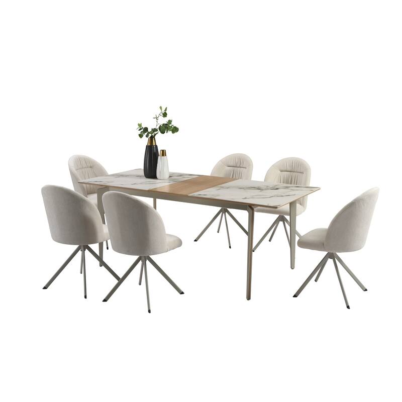 Honey Contemporary 7-Piece Dining Set with Dark Wood and Black Sintered Stone Table Top, and Upholstered Armchairs