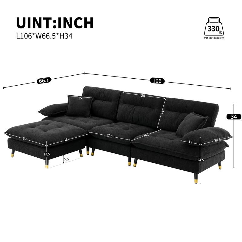 106" L-Shaped 4 Seater Convertible Sectional Sofa with Movable Ottoman, Adjustable Two-Tone Legs for Living Room