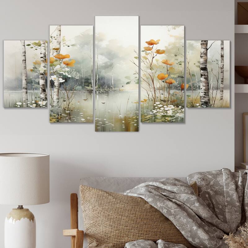 Designart "Minimalism Forest Woods I" Landscapes Multipanel Wall Art Living Room set - 60 In. Wide X 32 In. High - 5 Panels Diamond Shape