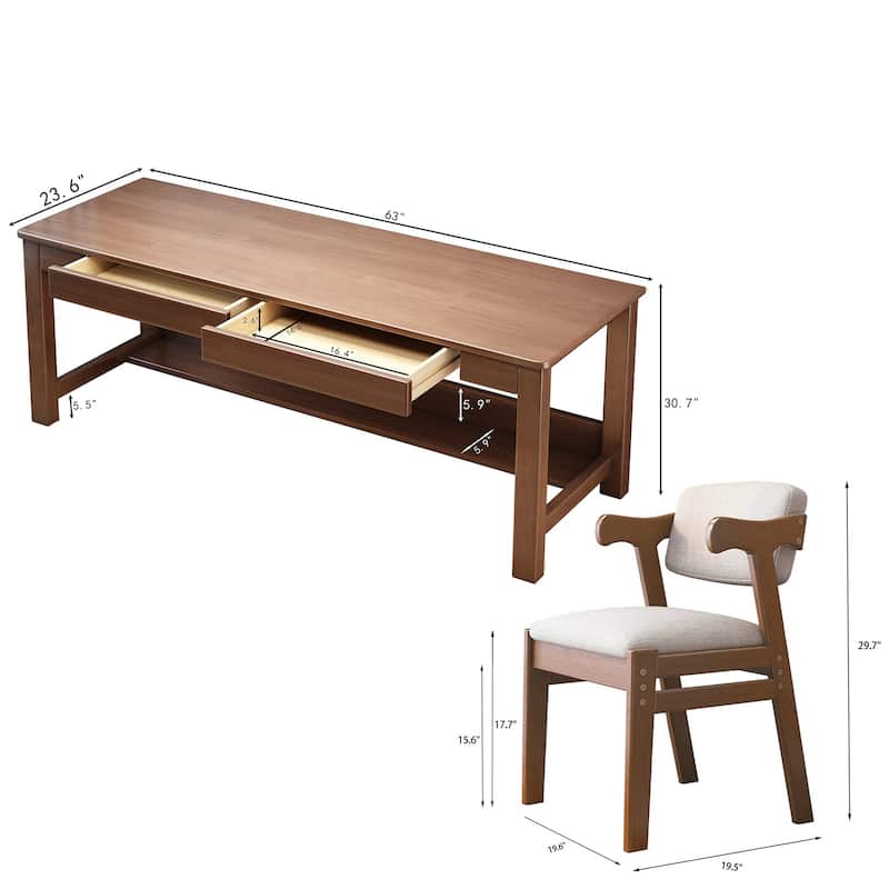 Wooden Desk and Chair Set, Extra Long Computer Desk 2 Person Desk, Double Office Desk