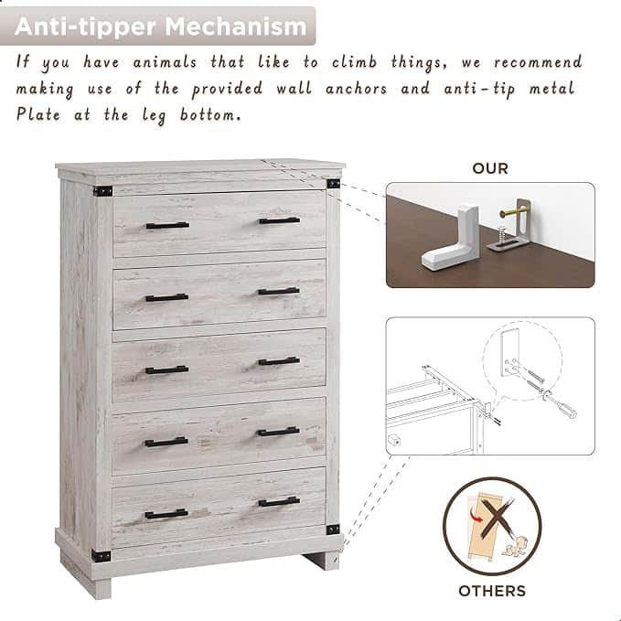 Farmhouse 5 Drawers Dresser, Wood Chest of Drawers, Closet Dresser